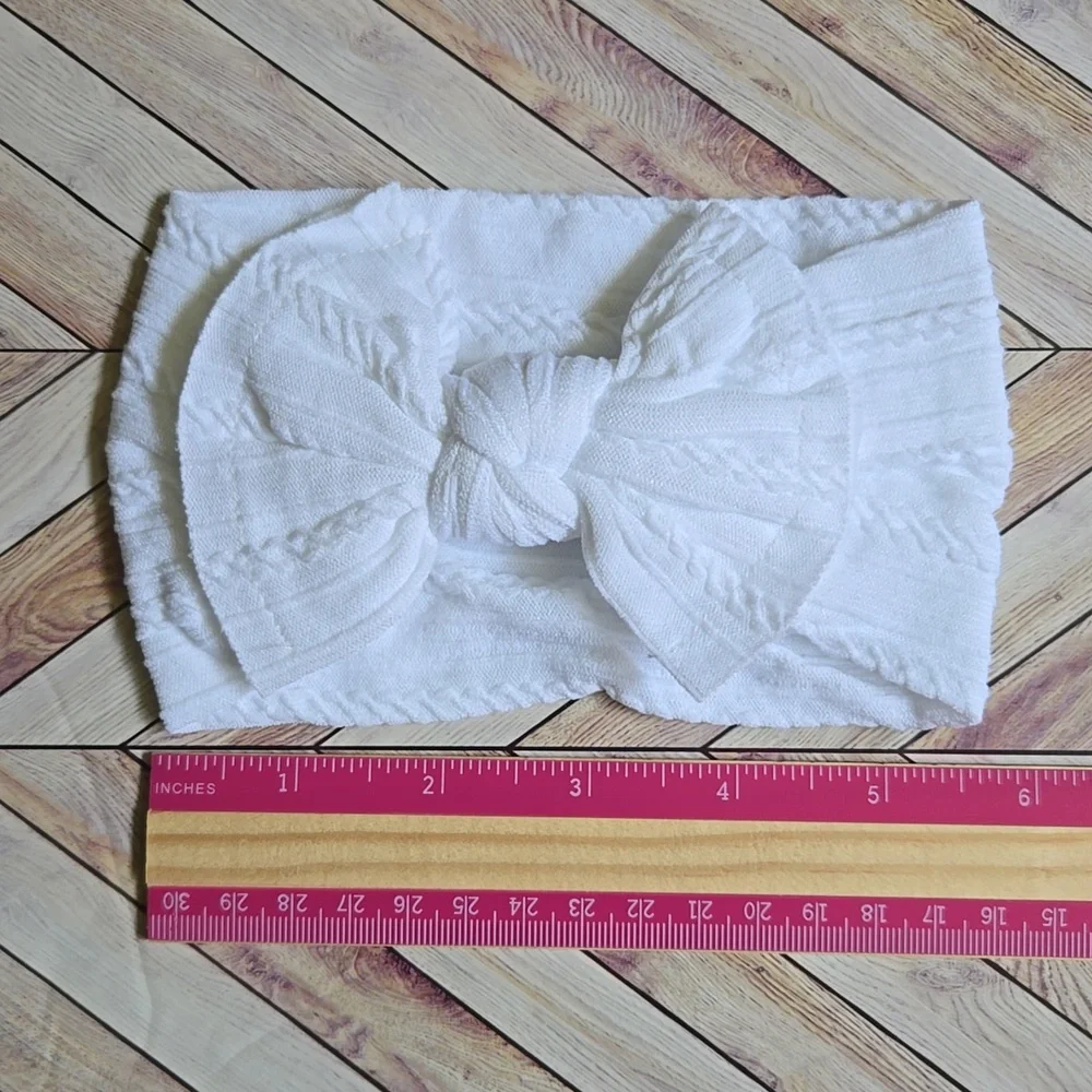 White Cable Knit Baby Bow Headband Soft Stretch Nylon Infant & Toddler Headwrap